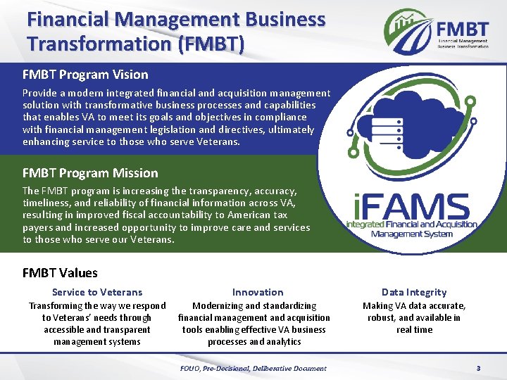 Financial Management Business Transformation (FMBT) FMBT Program Vision Provide a modern integrated financial and