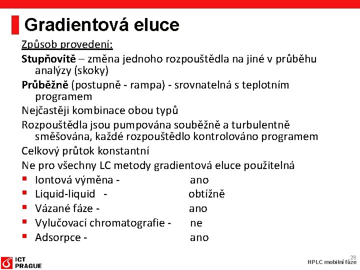 Gradientová eluce Způsob provedení: Stupňovitě – změna jednoho rozpouštědla na jiné v průběhu analýzy