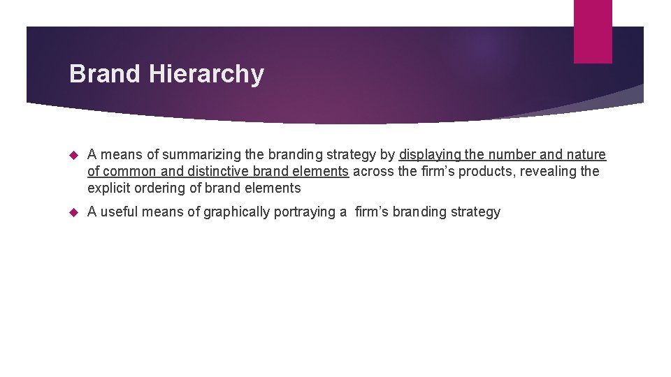 Brand Hierarchy A means of summarizing the branding strategy by displaying the number and