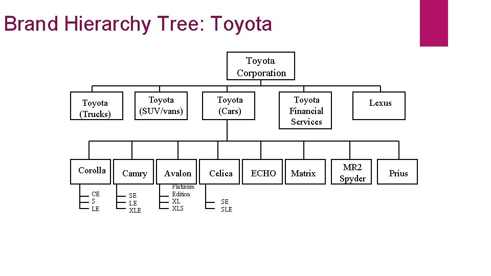 Brand Hierarchy Tree: Toyota Corporation Toyota (Trucks) Corolla CE S LE Toyota (SUV/vans) Camry