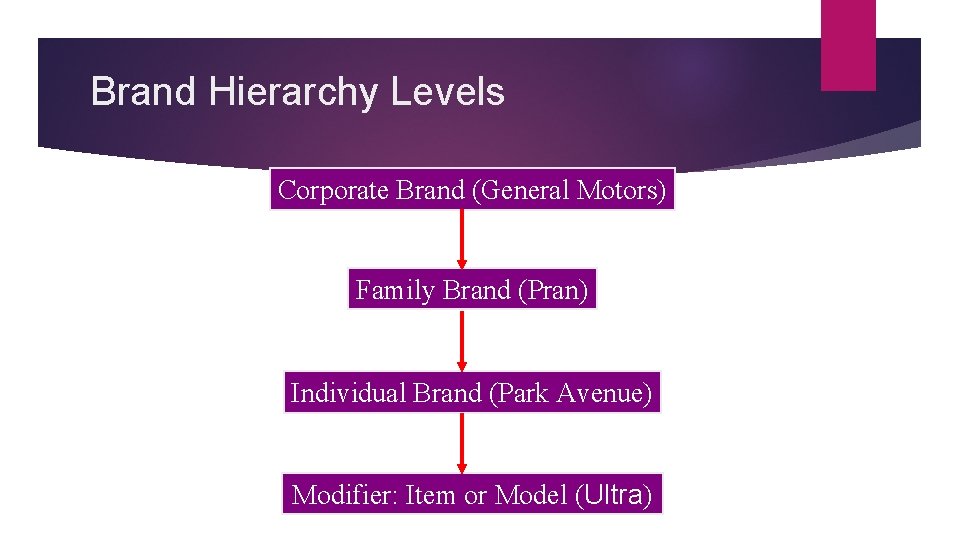 Brand Hierarchy Levels Corporate Brand (General Motors) Family Brand (Pran) Individual Brand (Park Avenue)