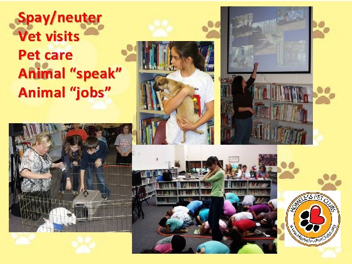 Spay/neuter Vet visits Pet care Animal “speak” Animal “jobs” 