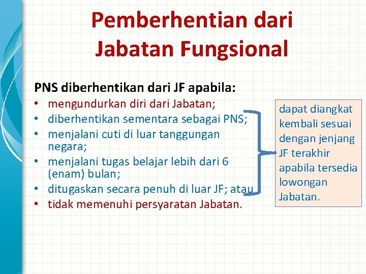 Pemberhentian dari Jabatan Fungsional PNS diberhentikan dari JF apabila: • mengundurkan diri dari Jabatan;