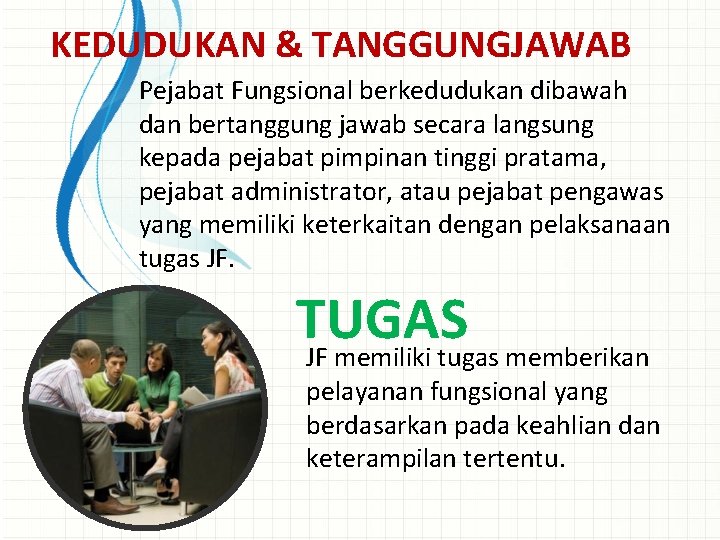 KEDUDUKAN & TANGGUNGJAWAB Pejabat Fungsional berkedudukan dibawah dan bertanggung jawab secara langsung kepada pejabat