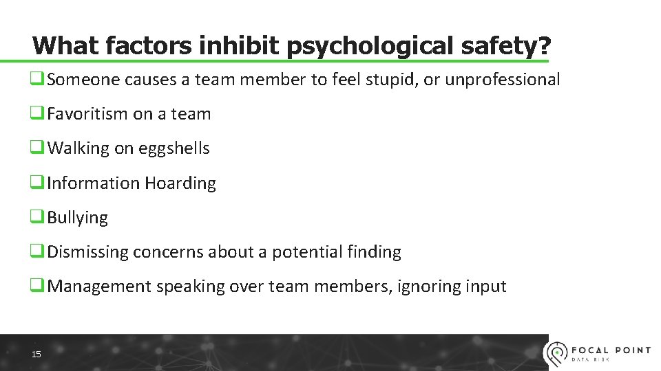 What factors inhibit psychological safety? q. Someone causes a team member to feel stupid,