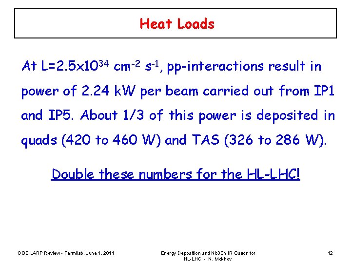 Heat Loads At L=2. 5 x 1034 cm-2 s-1, pp-interactions result in power of