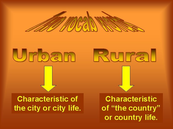 Characteristic of the city or city life. Characteristic of “the country” or country life.