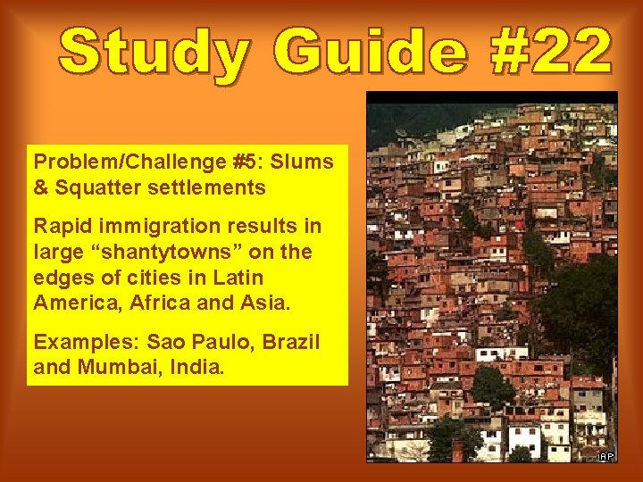 Problem/Challenge #5: Slums & Squatter settlements Rapid immigration results in large “shantytowns” on the