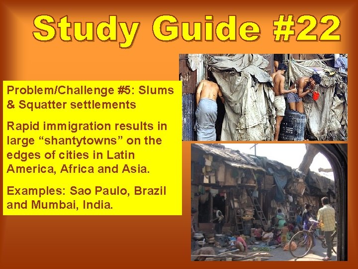 Problem/Challenge #5: Slums & Squatter settlements Rapid immigration results in large “shantytowns” on the