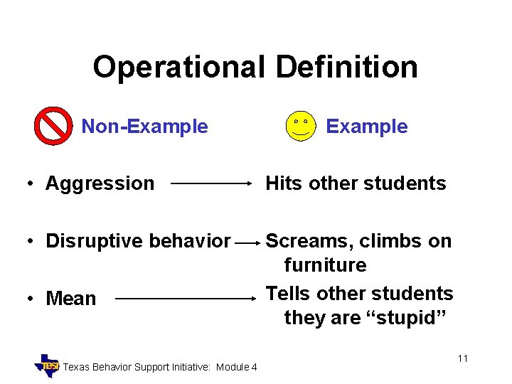 Operational Definition Non-Example • Aggression Hits other students • Disruptive behavior Screams, climbs on