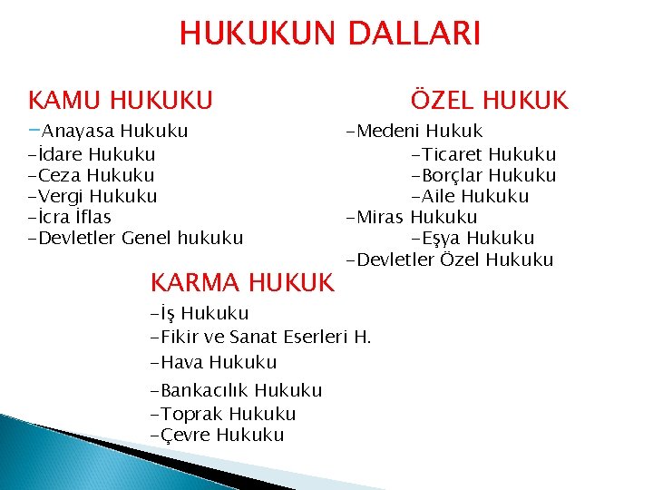 HUKUKUN DALLARI KAMU HUKUKU -Anayasa Hukuku -İdare Hukuku -Ceza Hukuku -Vergi Hukuku -İcra İflas