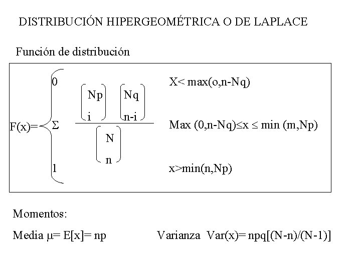 DISTRIBUCIÓN HIPERGEOMÉTRICA O DE LAPLACE Función de distribución 0 F(x)= 1 X< max(o, n-Nq)