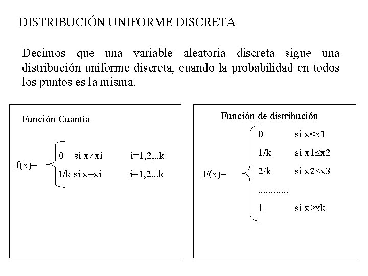 DISTRIBUCIÓN UNIFORME DISCRETA Decimos que una variable aleatoria discreta sigue una distribución uniforme discreta,