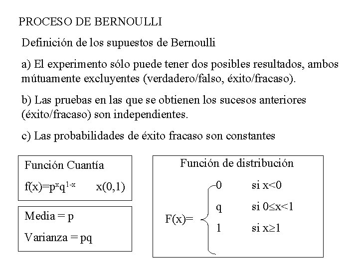 PROCESO DE BERNOULLI Definición de los supuestos de Bernoulli a) El experimento sólo puede