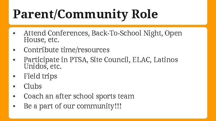 Parent/Community Role • • Attend Conferences, Back-To-School Night, Open House, etc. Contribute time/resources Participate