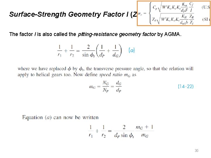 Surface-Strength Geometry Factor I (ZI) The factor I is also called the pitting-resistance geometry
