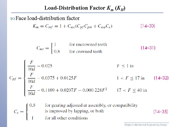Load-Distribution Factor Km (KH) Face load-distribution factor Shigley’s Mechanical Engineering Design 