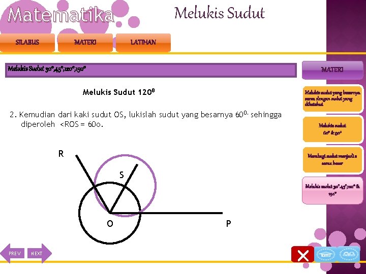 Matematika SILABUS Melukis Sudut MATERI LATIHAN Melukis Sudut 300, 450, 1200, 1500 MATERI Melukis