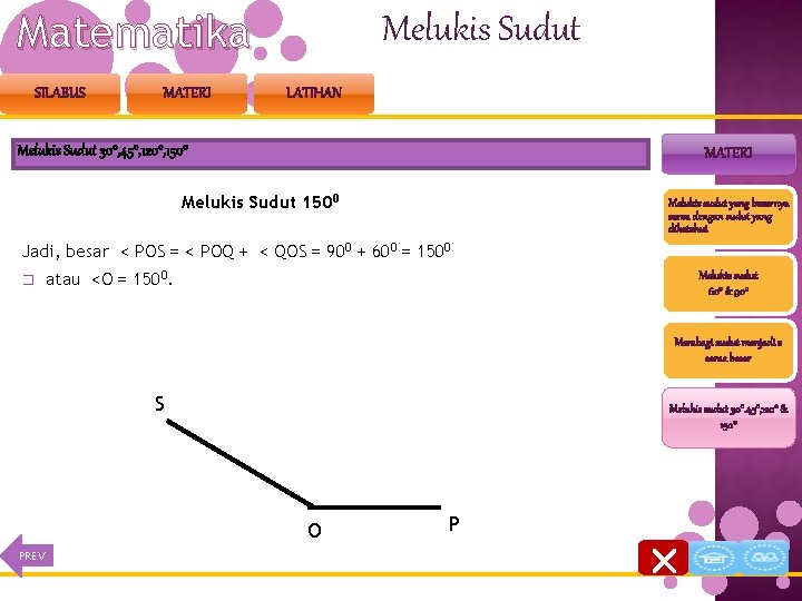 Matematika SILABUS MATERI Melukis Sudut LATIHAN Melukis Sudut 300, 450, 1200, 1500 MATERI Melukis