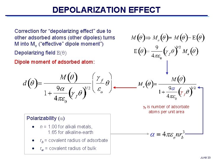 DEPOLARIZATION EFFECT Correction for “depolarizing effect” due to other adsorbed atoms (other dipoles) turns