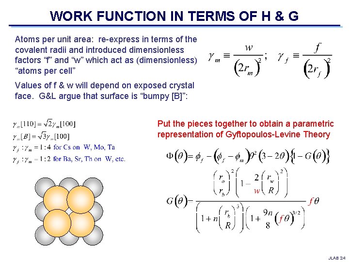 WORK FUNCTION IN TERMS OF H & G Atoms per unit area: re-express in