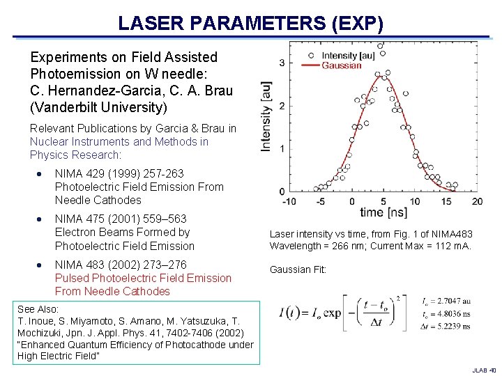 LASER PARAMETERS (EXP) Experiments on Field Assisted Photoemission on W needle: C. Hernandez-Garcia, C.