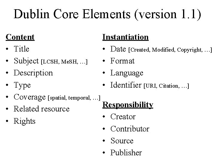 Dublin Core Elements (version 1. 1) Content Instantiation • Title • Date [Created, Modified,
