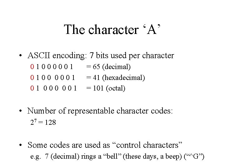 The character ‘A’ • ASCII encoding: 7 bits used per character 01000001 0100 0001