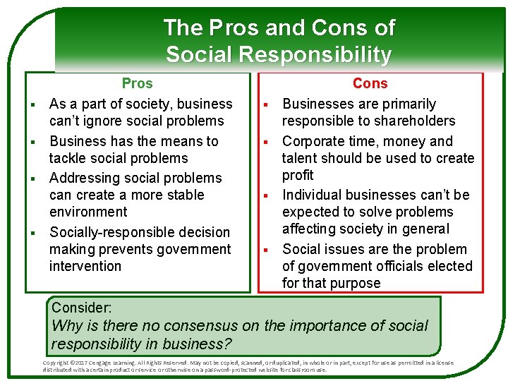 The Pros and Cons of Social Responsibility § § Pros As a part of