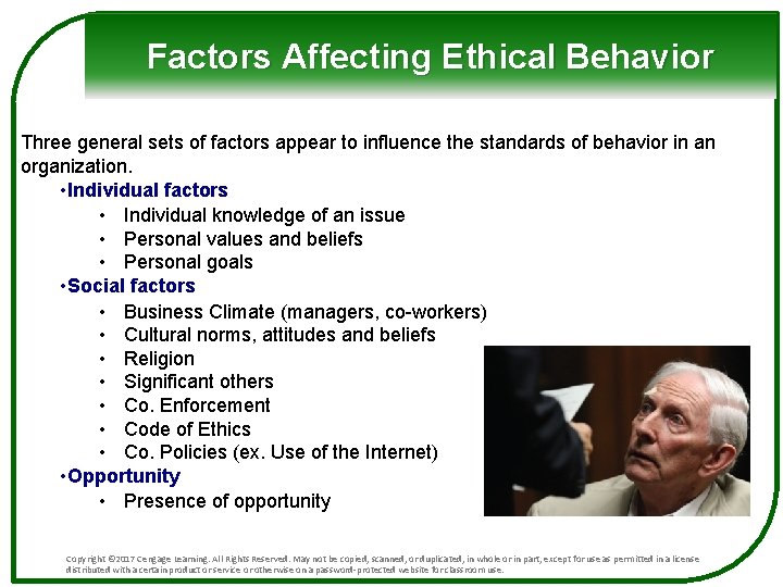 Factors Affecting Ethical Behavior Three general sets of factors appear to influence the standards