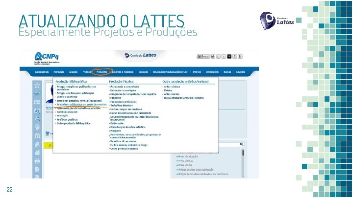 ATUALIZANDO O LATTES Especialmente Projetos e Produções 22 