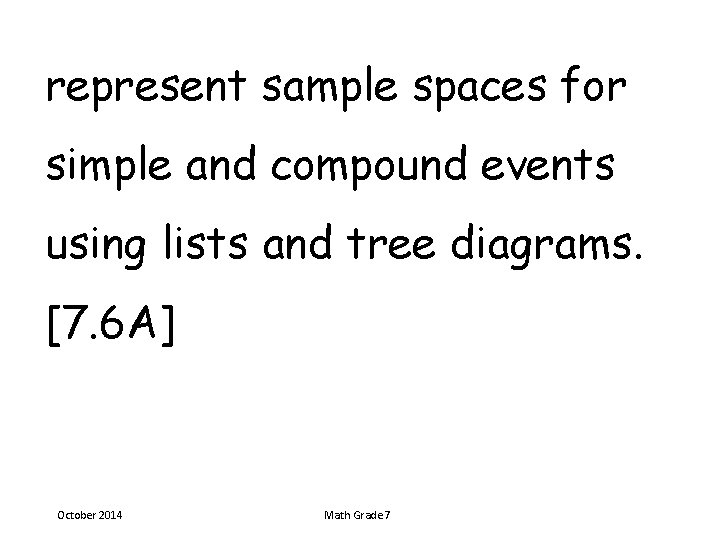 represent sample spaces for simple and compound events using lists and tree diagrams. [7.