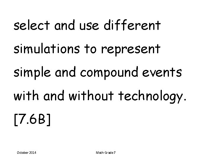 select and use different simulations to represent simple and compound events with and without