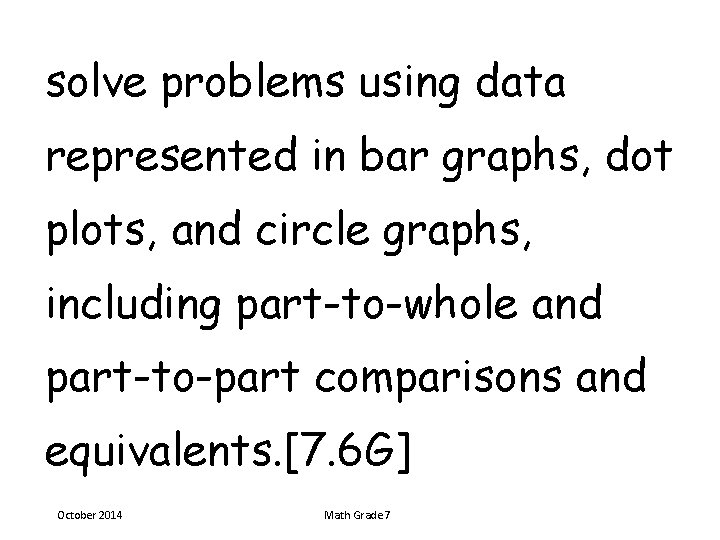 solve problems using data represented in bar graphs, dot plots, and circle graphs, including