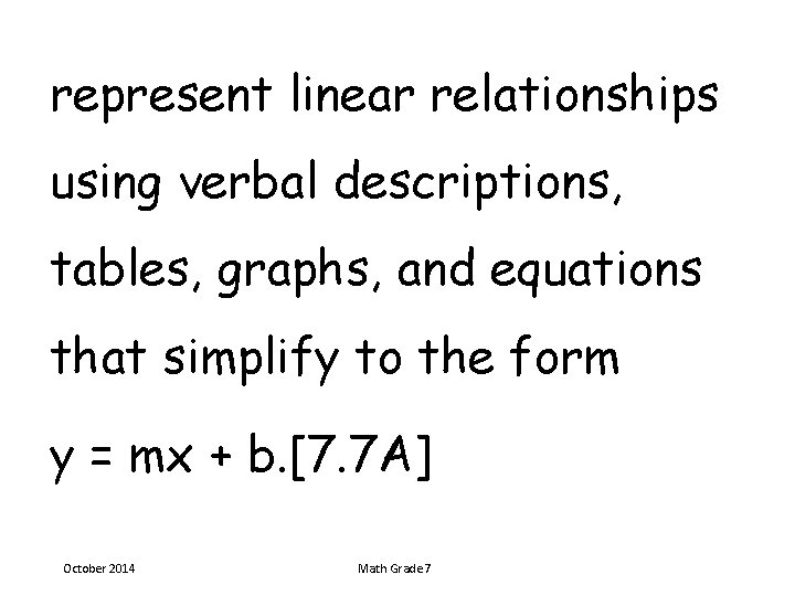 represent linear relationships using verbal descriptions, tables, graphs, and equations that simplify to the