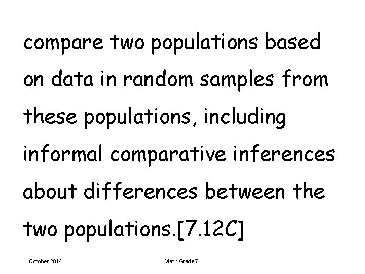 compare two populations based on data in random samples from these populations, including informal