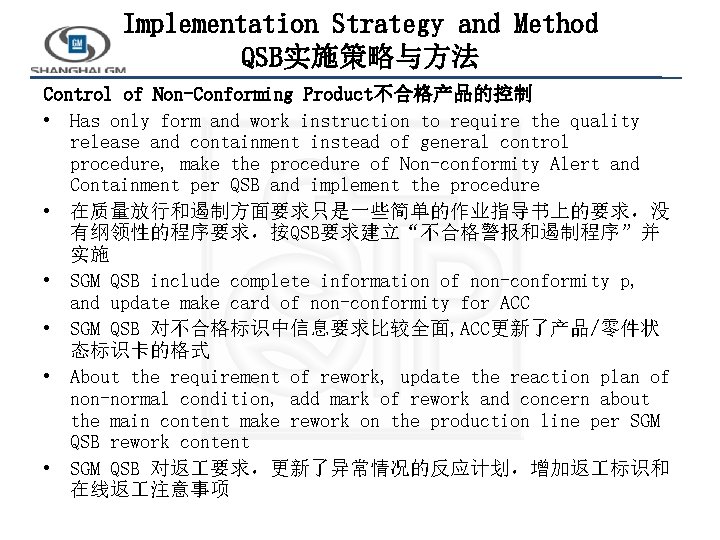 Implementation Strategy and Method QSB实施策略与方法 Control of Non-Conforming Product不合格产品的控制 • Has only form and