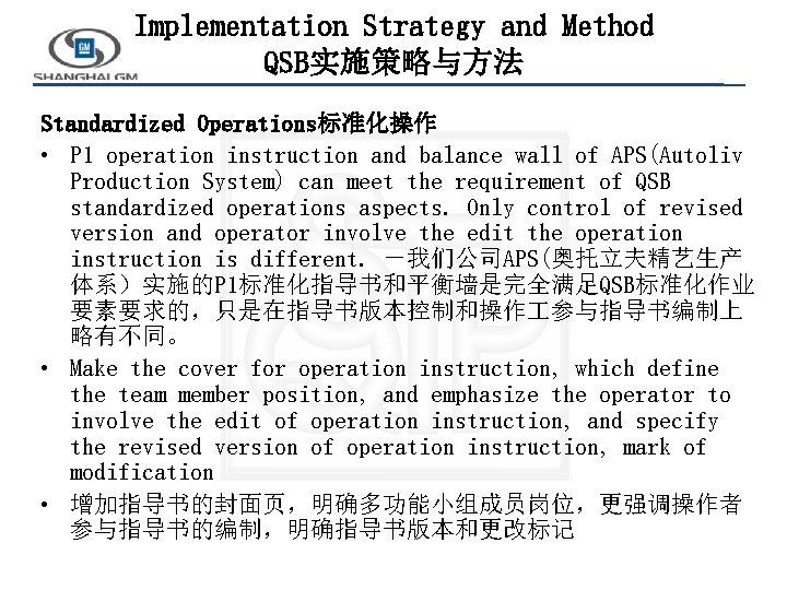 Implementation Strategy and Method QSB实施策略与方法 Standardized Operations标准化操作 • P 1 operation instruction and balance