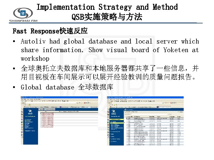 Implementation Strategy and Method QSB实施策略与方法 Fast Response快速反应 • Autoliv had global database and local