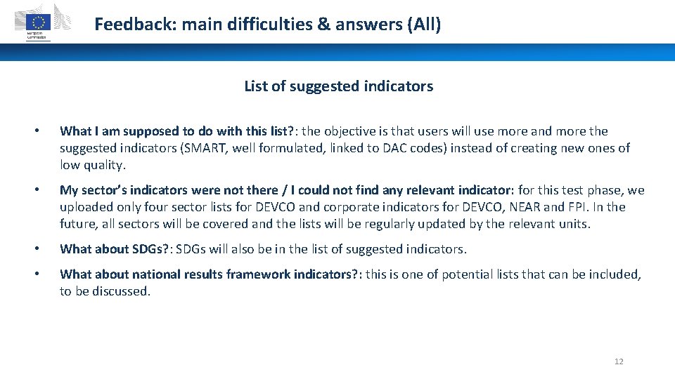 Feedback: main difficulties & answers (All) List of suggested indicators • What I am