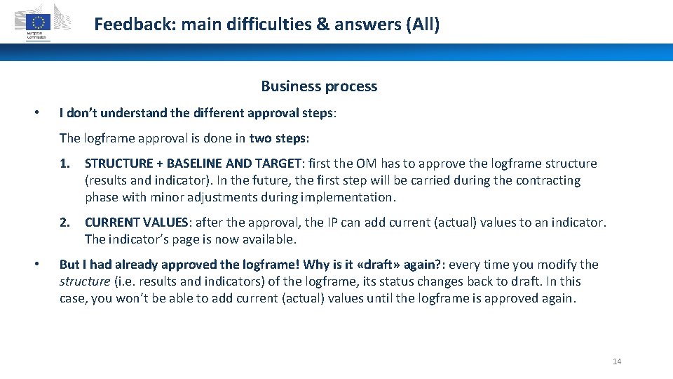 Feedback: main difficulties & answers (All) Business process • I don’t understand the different