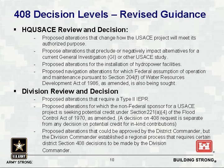 408 Decision Levels – Revised Guidance § HQUSACE Review and Decision: - Proposed alterations