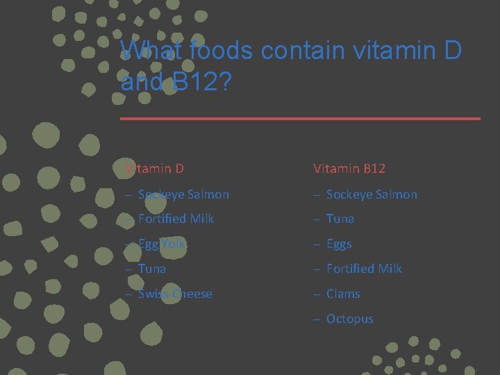 What foods contain vitamin D and B 12? Vitamin D Vitamin B 12 –