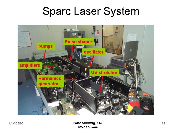 Sparc Laser System pumps Pulse shaper oscillator amplifiers UV stretcher Harmonics generator C. Vicario