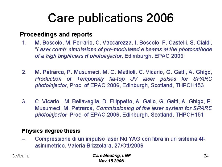 Care publications 2006 Proceedings and reports 1. M. Boscolo, M. Ferrario, C. Vaccarezza, I.