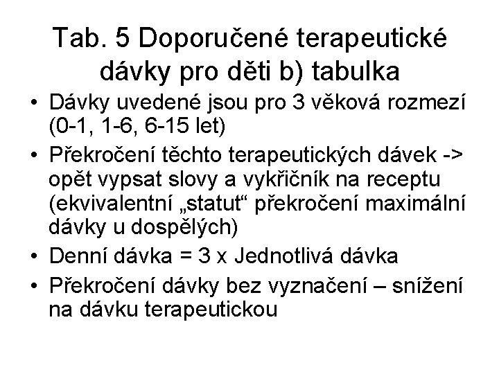 Tab. 5 Doporučené terapeutické dávky pro děti b) tabulka • Dávky uvedené jsou pro