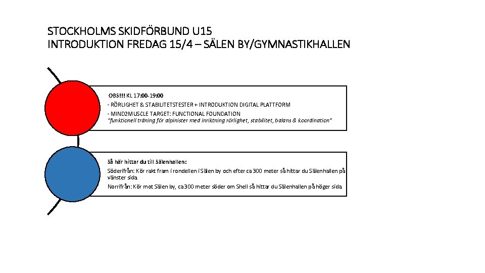 STOCKHOLMS SKIDFÖRBUND U 15 INTRODUKTION FREDAG 15/4 – SÄLEN BY/GYMNASTIKHALLEN OBS!!! KL 17: 00
