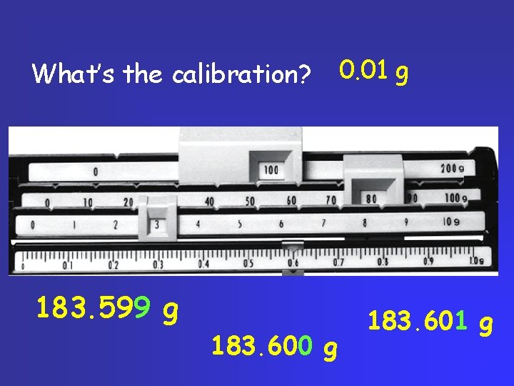 What’s the calibration? 183. 599 g 183. 600 g 0. 01 g 183. 601