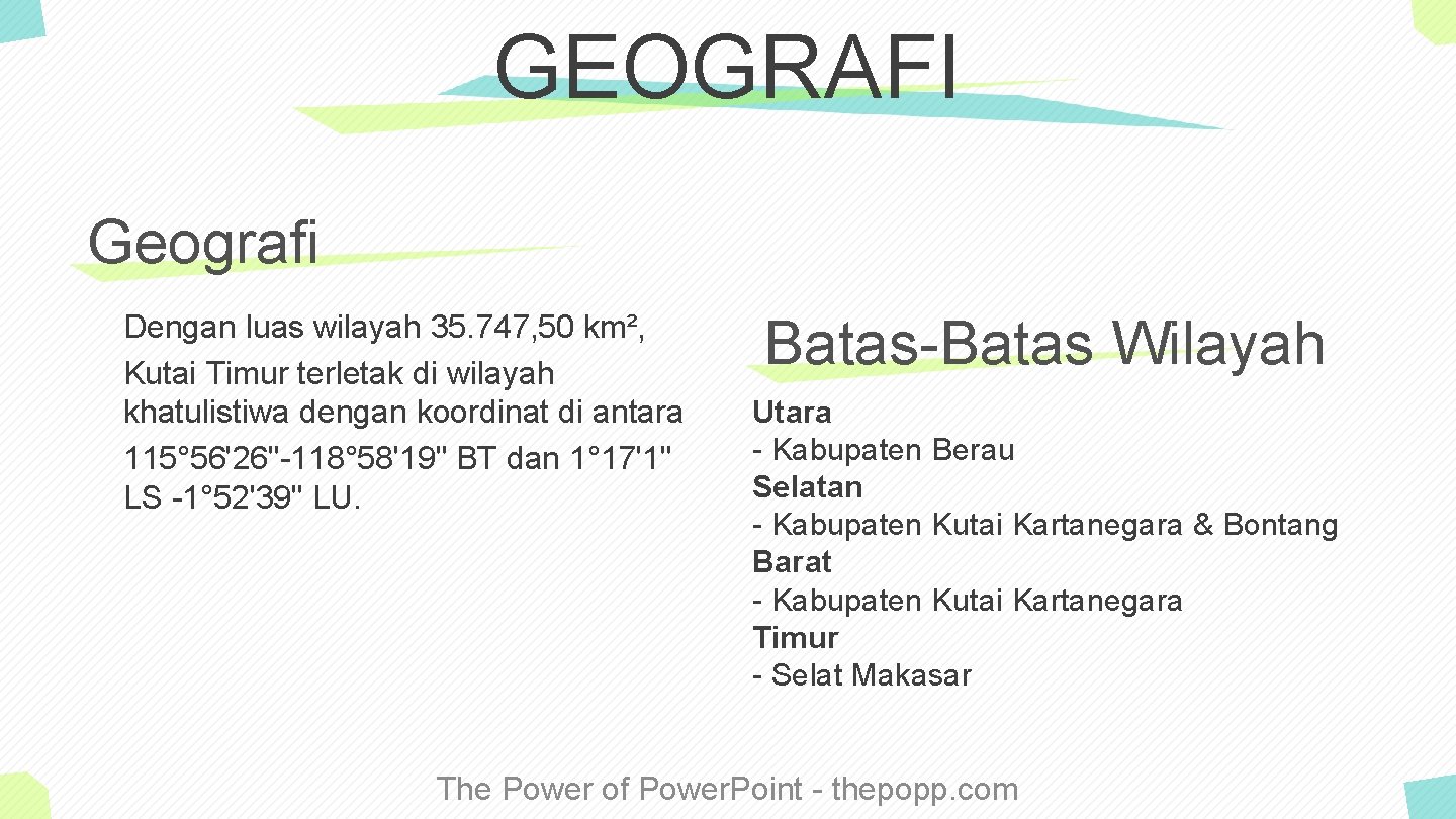 GEOGRAFI Geografi Dengan luas wilayah 35. 747, 50 km², Kutai Timur terletak di wilayah