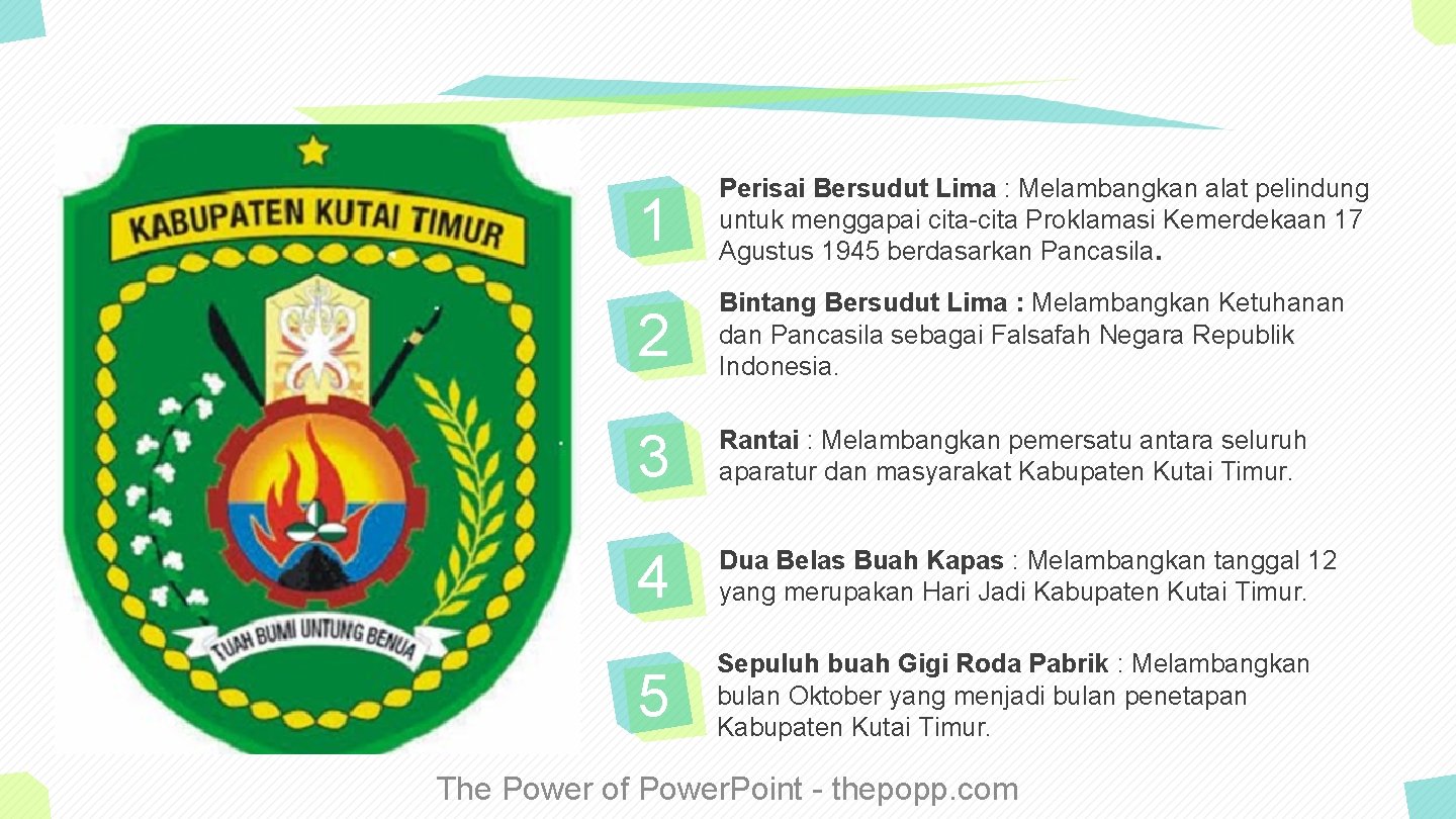 1 Perisai Bersudut Lima : Melambangkan alat pelindung untuk menggapai cita-cita Proklamasi Kemerdekaan 17